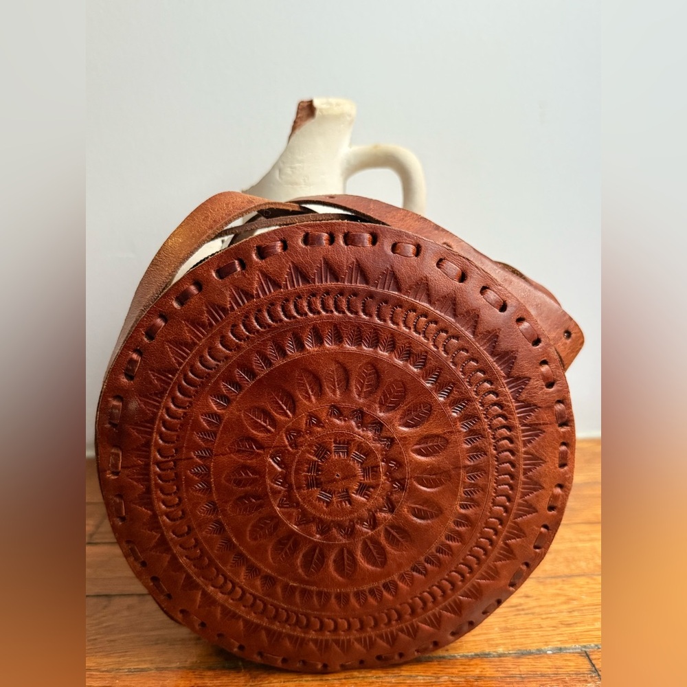 Tooled Leather Round Bag Brown Crossbody Western Floral Embossed Leather Purse